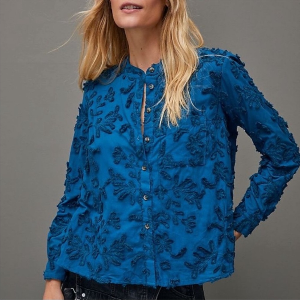 ANTHROPOLOGIE Pilcro Textured Trapeze Buttondown Blouse Top in‎ Blue Size S NWT